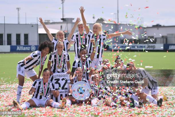 Juventus Women celebrate victory after the Women Serie A match between Juventus and FC Internazionale at Juventus Center Vinovo on May 23, 2021 in...