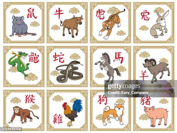 vektor-illustration 12 chinesische horoskop tiere isoliert auf weißem hintergrund. chinesischer kalender oder chinesische sternzeichen konzept. zeichentrickfiguren. bildung und schule kinder färbung seite, druckbare, aktivität, arbeitsblatt, karteikarte - chinese astrology stock-grafiken, -clipart, -cartoons und -symbole