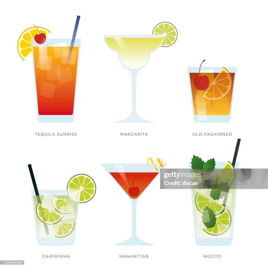 Set di sei cocktail popolari. Creato per i disegni dei menu. Set di bevande alcoliche con Tequila Sunrise, Margarita, Vecchio stile, Caipirinha, Manhattan e Mojito.