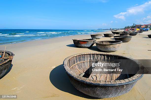 fishing boats, my khe beach, danang - da nang stock pictures, royalty-free photos & images