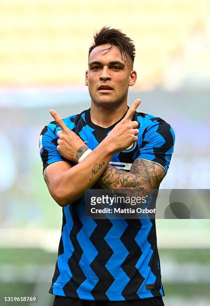 Lautaro Martinez of FC Internazionale celebrates after scoring their side's third goal during the Serie A match between FC Internazionale Milano and...