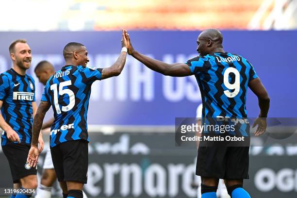 Romelu Lukaku of FC Internazionale celebrates with Ashley Young after scoring their side's fifth goal during the Serie A match between FC...