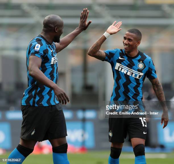 Romelu Lukaku of FC Internazionale celebrates with Ashley Young after scoring their team's fifth goal during the Serie A match between FC...