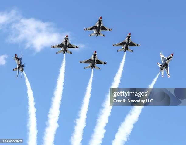 Air Force's Thunderbirds fly practice routines at Jones Beach in Wantagh, New York for a preview of the Bethpage Air Show on Friday, May 26, 2017.