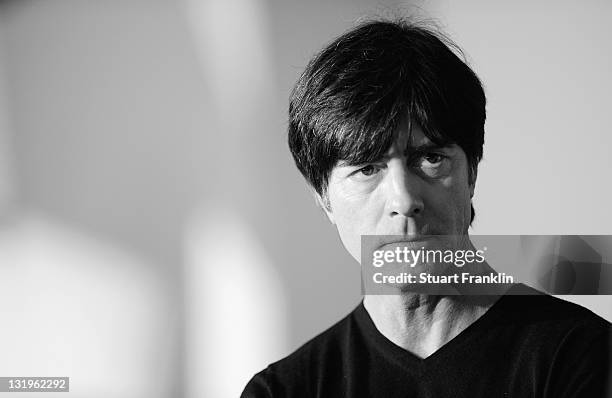 Joachim Loew, head coach looks on during the German national team Euro 2012 jersey launch at theMercedes Benz center on November 9, 2011 in Hamburg,...