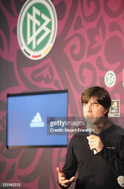 Joachim Loew, head coach looks on during the German national team Euro 2012 jersey launch at the Mercedes Benz center on November 9, 2011 in Hamburg,...