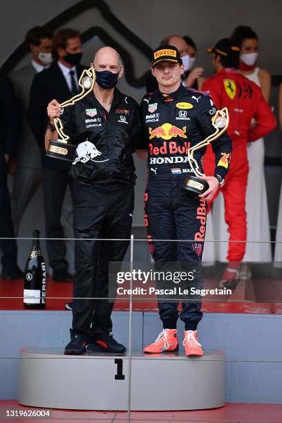 Adrian Newey and Max Verstappen pose with the trophy of the F1 Grand Prix of Monaco at Circuit de Monaco on May 23, 2021 in Monte-Carlo, Monaco.