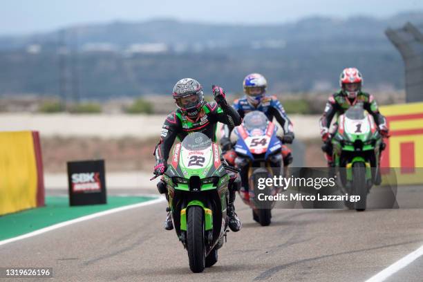 Alex Lowes of Great Britain and Kawasaki Racing Team WorldSBK celebrates the third place during the WorldSBK race 2 during the FIM Superbike World...