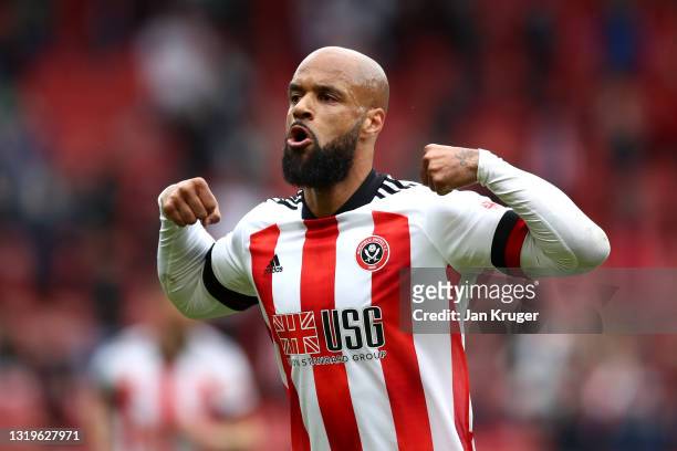 David McGoldrick of Sheffield United celebrates after scoring their team's first goal during the Premier League match between Sheffield United and...