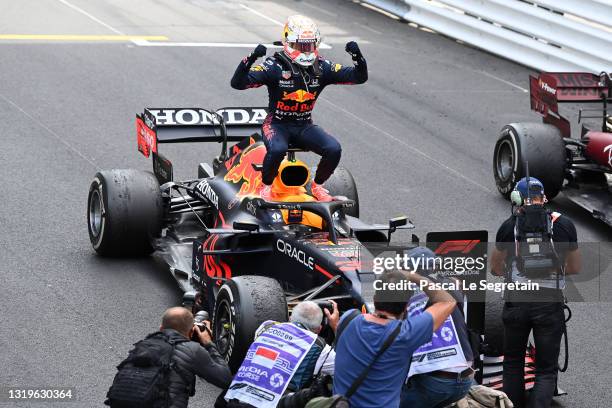 Max Verstappen poses on his car after he won the F1 Grand Prix of Monaco at Circuit de Monaco on May 23, 2021 in Monte-Carlo, Monaco.