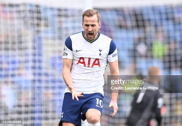 Harry Kane of Tottenham Hotspur celebrates after scoring his team's first goal during the Premier League match between Leicester City and Tottenham...