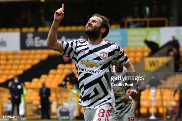 Juan Mata of Manchester United celebrates scoring his sides second goal during the Premier League match between Wolverhampton Wanderers and...