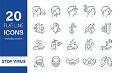 Coronavirus and Flu Linear Icon Set. Coronavirus Safety, Mask Protection, Flu Disease Prevention and Symptoms Pictogram. Washing Hand, Antiseptic and Sanitizer. Editable stroke. Vector illustration.