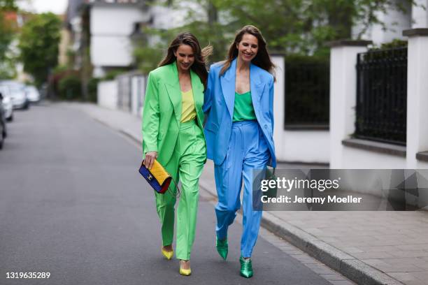 Alexandra Lapp wearing flash green AGGI blazer and trousers, yellow JADICTED silk V neck top, multicolor Chanel classic flap bag and yellow Christian...