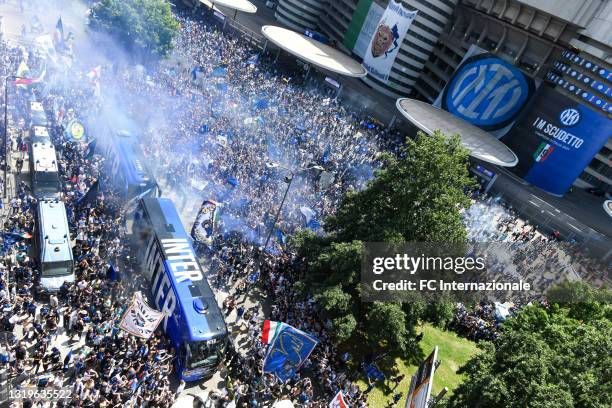 General view of FC Internazionale bus arriving during the Serie A match between FC Internazionale Milano and Udinese Calcio at Stadio Giuseppe Meazza...