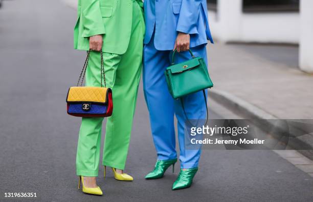 Alexandra Lapp wearing flash green AGGI blazer and trousers, yellow JADICTED silk V neck top, multicolor Chanel classic flap bag and yellow Christian...