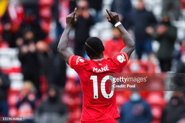Sadio Mane of Liverpool celebrates after scoring their side's second goal during the Premier League match between Liverpool and Crystal Palace at...