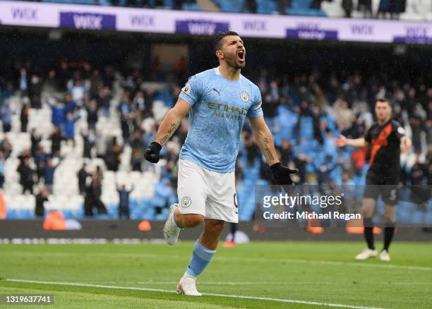 Sergio Aguero of Manchester City celebrates after scoring his team's fifth goal during the Premier League match between Manchester City and Everton...