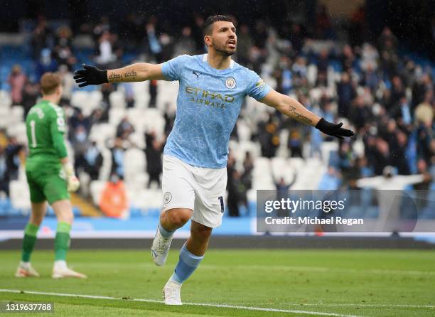 Sergio Aguero of Manchester City celebrates after scoring his team's fifth goal during the Premier League match between Manchester City and Everton...