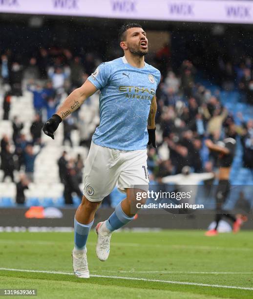 Sergio Aguero of Manchester City celebrates after scoring his team's fifth goal during the Premier League match between Manchester City and Everton...