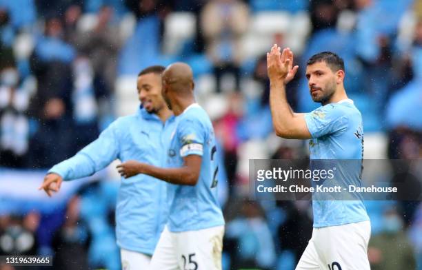 Sergio Aguero of Manchester City applauds the fans after the Premier League match between Manchester City and Everton at Etihad Stadium on May 23,...