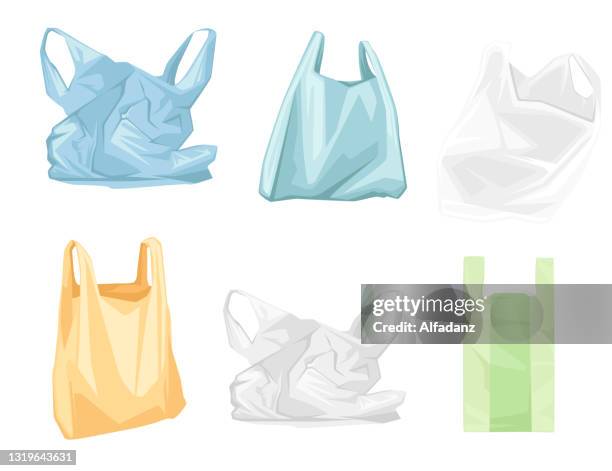 set of colored used plastic bags flat vector illustration isolated on white background - rubbish isolated stock illustrations