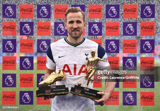 Harry Kane of Tottenham Hotspur poses with the Coca-Cola Zero Sugar Golden Boot Winner award, and the Coca-Cola Zero Sugar Playmaker Winner award...