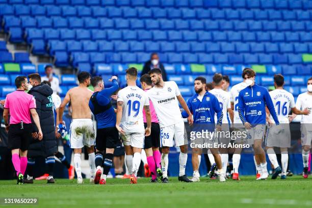 Both team players waves after the Liga Smartbank match betwen RCD Espanyol de Barcelona and CD Tenerife at RCDE Stadium on May 23, 2021 in Barcelona,...