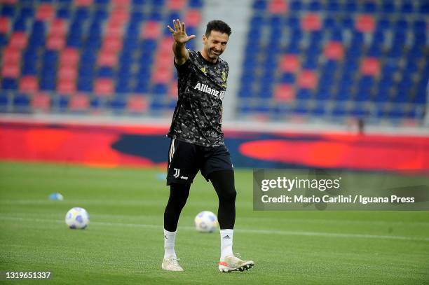 Gianluigi Buffon goalkeeper of Juventus gestures during the warm up prior the beginning of the Serie A match between Bologna FC and Juventus at...