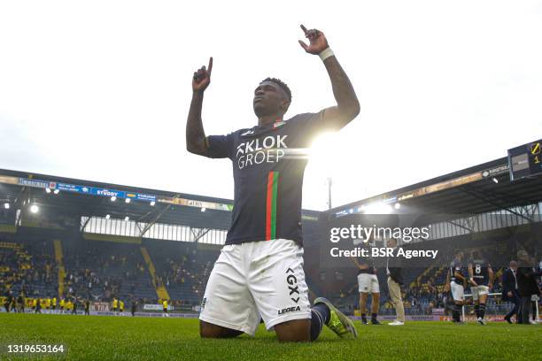 Jonathan Okita of NEC celebrating after promoting to the Dutch Eredivisie during the Eredivisie Play-Offs Promotion-Relegation match between NAC...