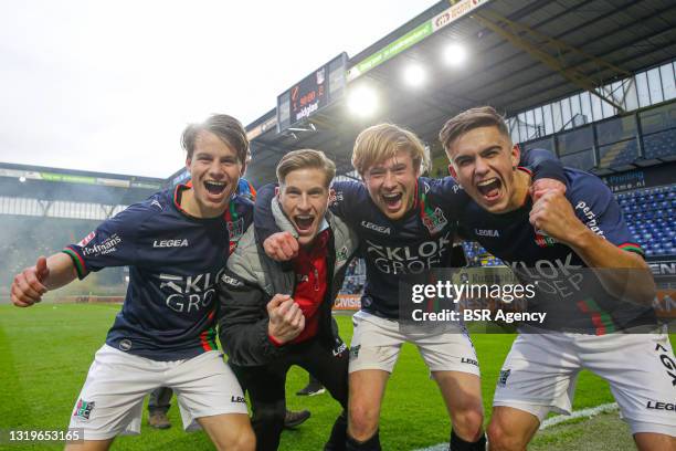 Players of NEC celebrate after promoting to the Dutch Eredivisie during the Eredivisie Play-Offs Promotion-Relegation match between NAC Breda and NEC...