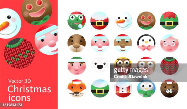 christmas characters 3d icon design set in bright gradient colors - santa face stock illustrations