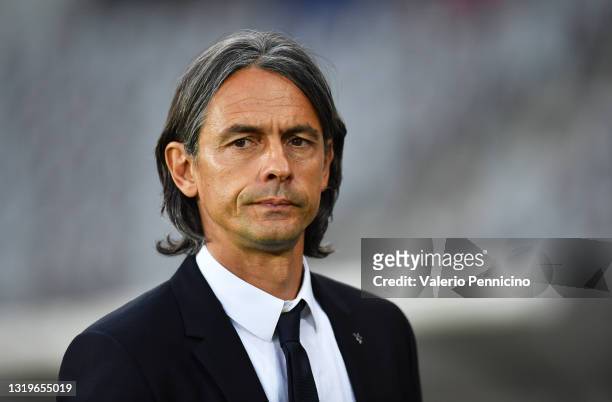 Filippo Inzaghi, Head Coach of Benevento Calcio looks on prior to the Serie A match between Torino FC v Benevento Calcio at Olimpico Stadium on May...