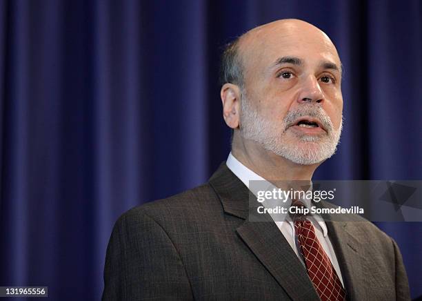 Federal Reserve Chairman Ben Bernanke delivers opening remarks during a conference on small businss and entrepreneurship at the Federal Reserve Bank...