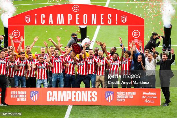 Koke Resurreccion of Atletico de Madrid celebrates with La Liga trophy during the trophy presentation at Estadio Wanda Metropolitano on May 23, 2021...