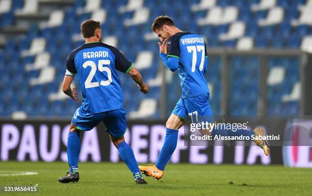 Georgios Kyriakopoulos of U.S. Sassuolo Calcio celebrates after scoring his team's first goal during the Serie A match between US Sassuolo and SS...