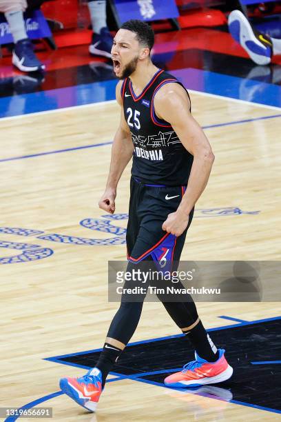 Ben Simmons of the Philadelphia 76ers celebrates during the third quarter against the Washington Wizards during Game One of the Eastern Conference...
