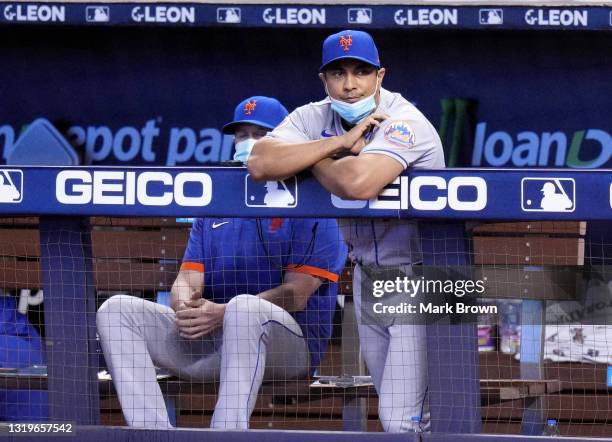 Manager Luis Rojas of the New York Mets looks on from the dugout during the game against the Miami Marlins at loanDepot park on May 22, 2021 in...