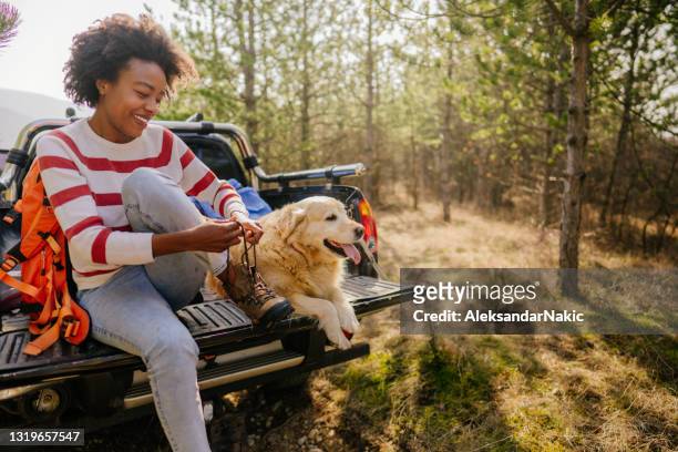 young woman on a road trip with her best friend - road trip dog stock pictures, royalty-free photos & images