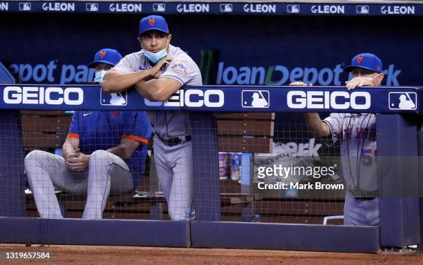 Manager Luis Rojas of the New York Mets looks on from the dugout during the game against the Miami Marlins at loanDepot park on May 22, 2021 in...