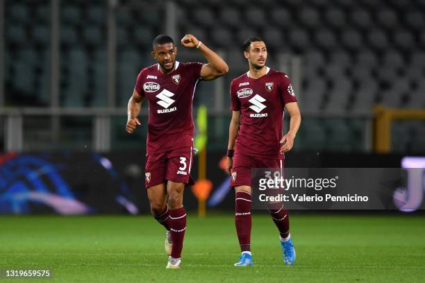 Gleison Bremer of Torino F.C. Celebrates after scoring their team's first goal with Rolando Mandragora during the Serie A match between Torino FC v...