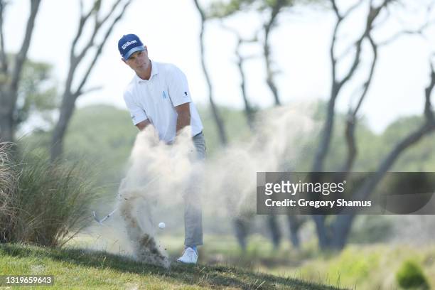 Kevin Streelman of the United States plays from a sand area on the third hole during the final round of the 2021 PGA Championship held at the Ocean...