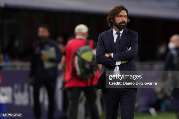 Andrea Pirlo head coach of Juventus FC looks on during the Serie A match between Bologna FC and Juventus at Stadio Renato Dall'Ara on May 23, 2021 in...