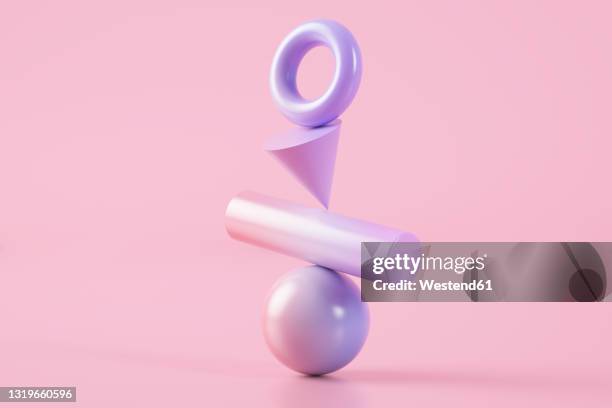 3d illustration of pink and purple balancing shapes - balance stock-grafiken, -clipart, -cartoons und -symbole