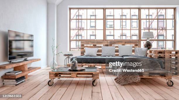 three dimensional render of living room with furniture made of wooden pallets - matratze stock-grafiken, -clipart, -cartoons und -symbole
