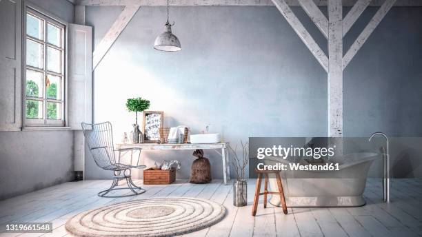 three dimensional render of interior of rustic bathroom - rustic interior design stock illustrations