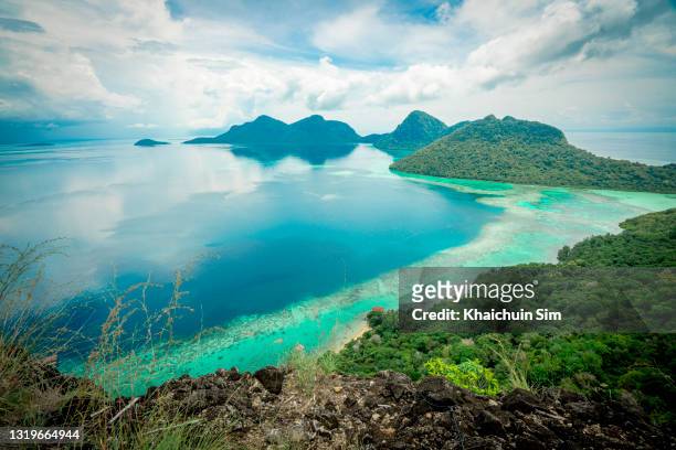 high angle view of corals reef along the island - the nature conservancy stock pictures, royalty-free photos & images