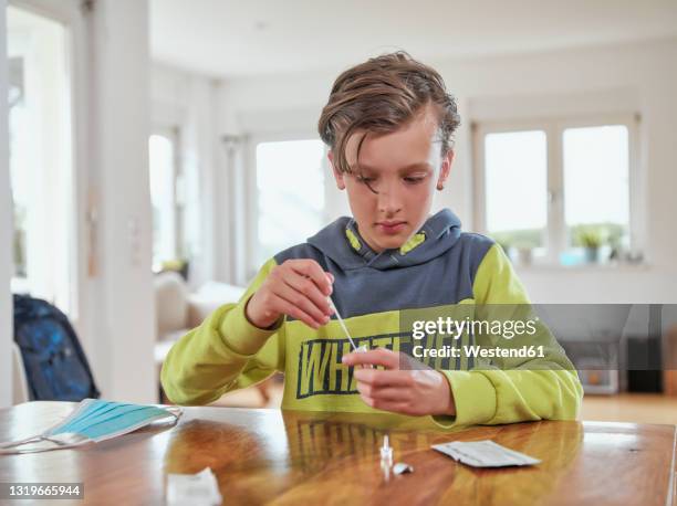 boy collecting sample for corona rapid test at home - nasal swab stock pictures, royalty-free photos & images