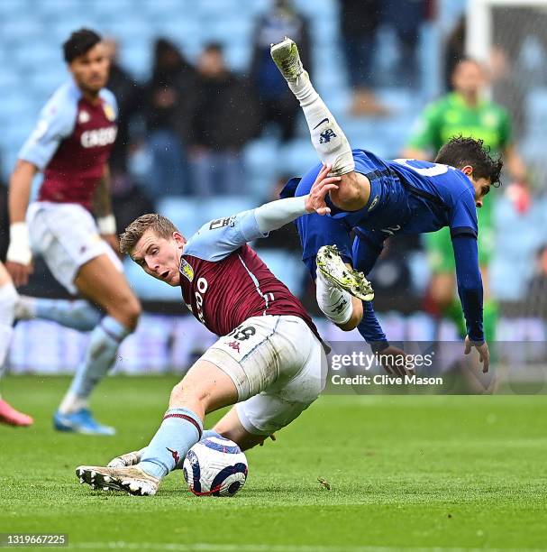 Christian Pulisic of Chelsea is challenged by Matt Targett of Aston Villa during the Premier League match between Aston Villa and Chelsea at Villa...