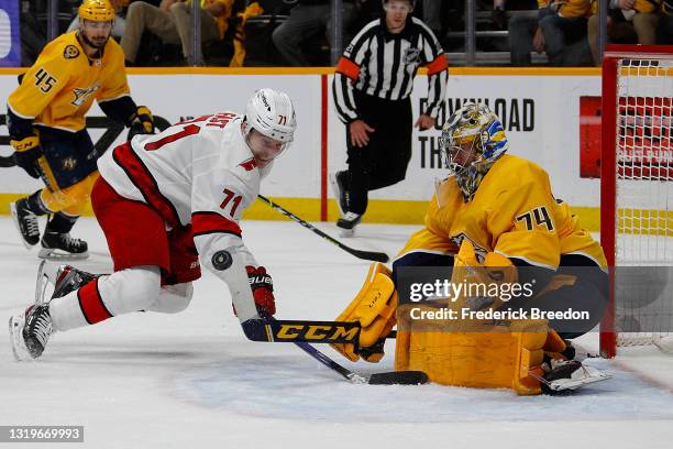 Goalie Juuse Saros of the Nashville Predators makes a save on a shot by Jesper Fast of the Carolina Hurricanes during the second period in Game Four...